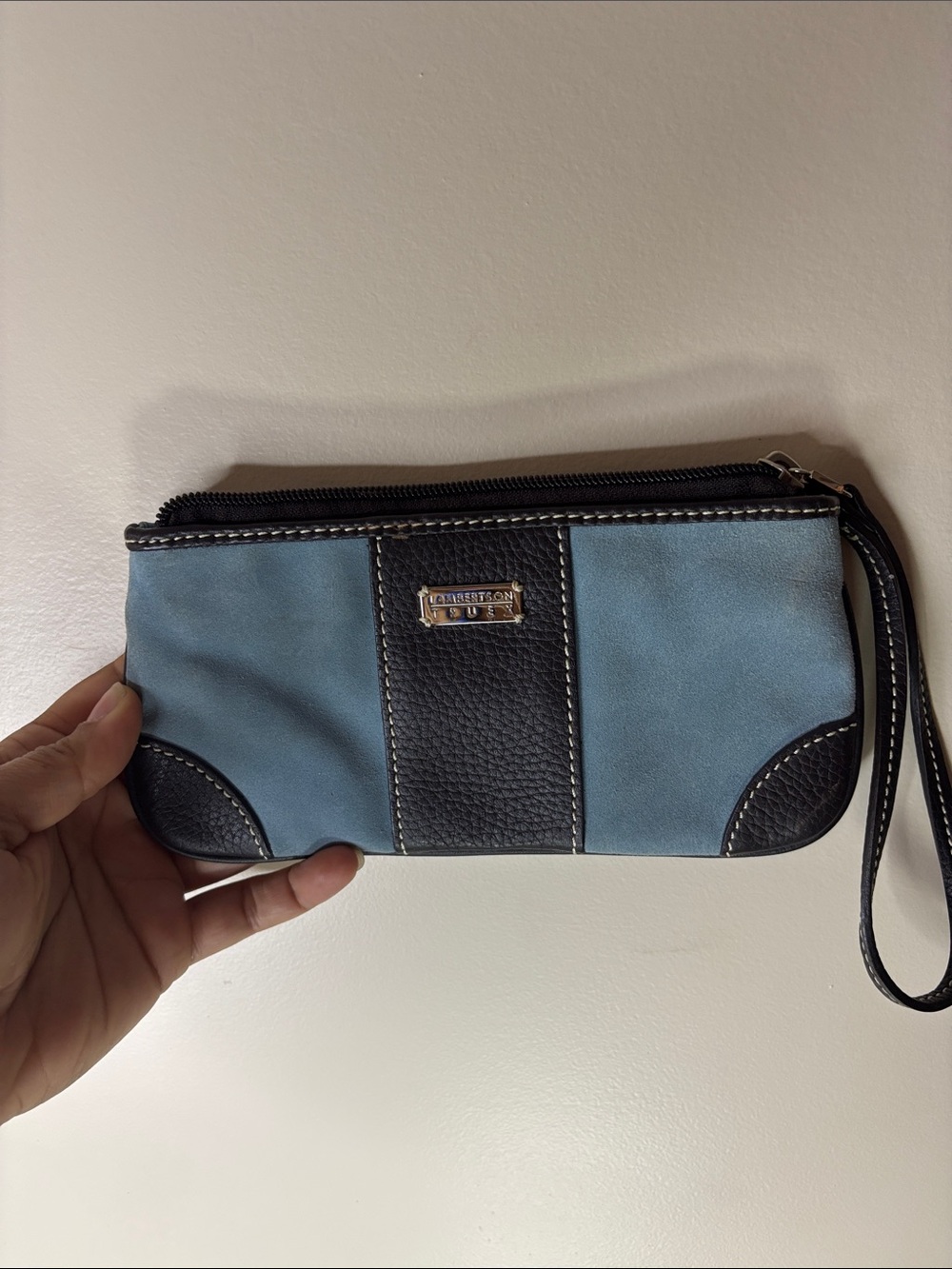 Lambertson Truex Blue and Dark Brown Leather-Trim Wristlet Clutch